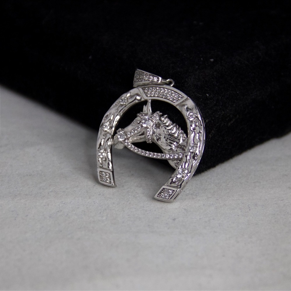 Sterling Silver 925 Horseshoe Horse Head Pendant Clear Stone Accents Equestrian - Picture 5 of 9